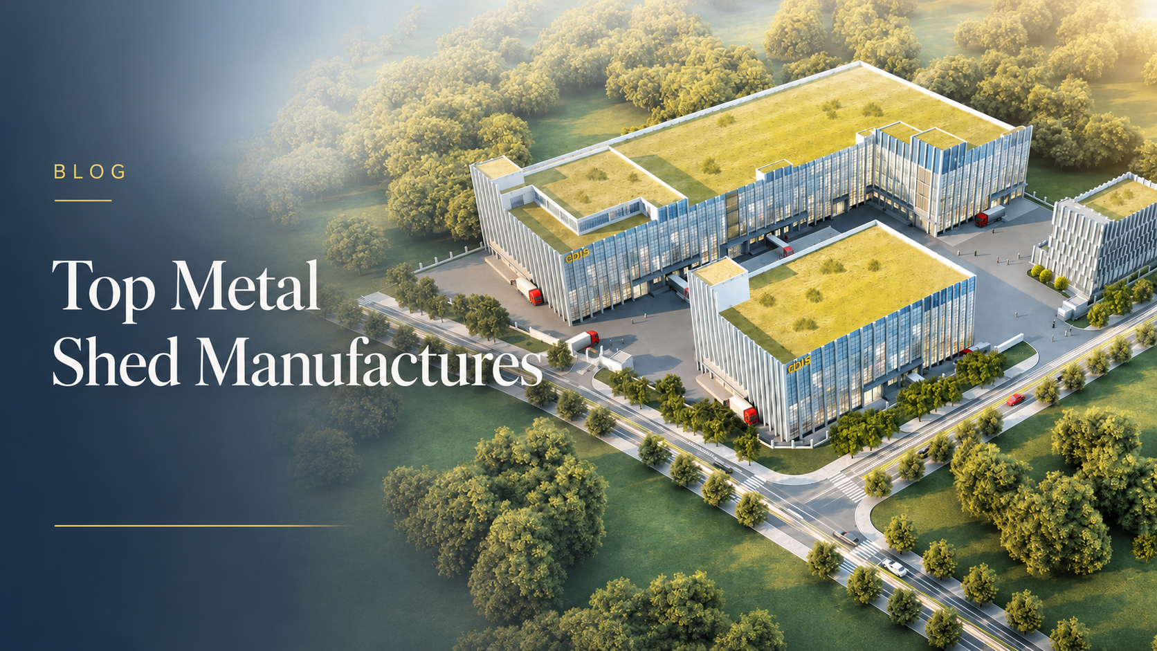 An aerial view of a metal shed factory